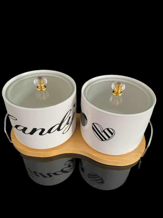 Ceramic double sugar Bowls on bamboo stand