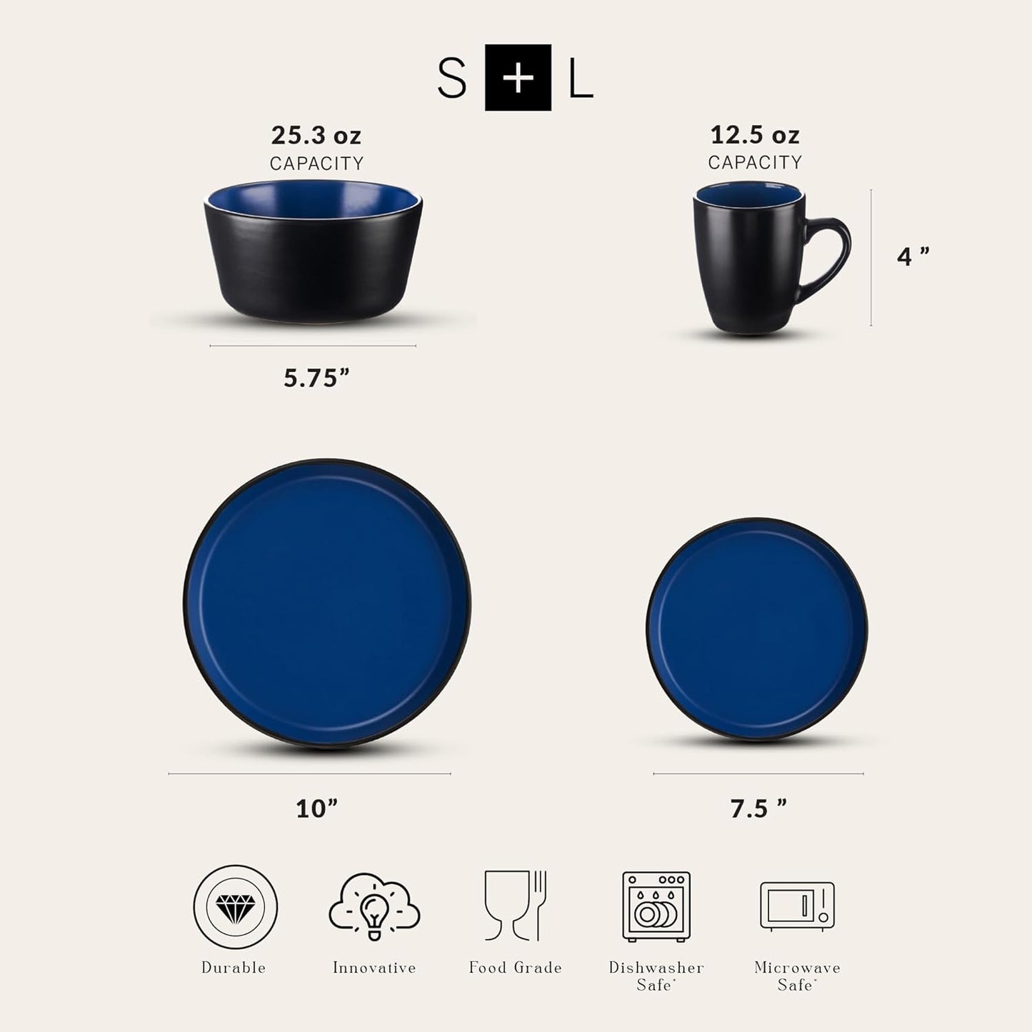 Stone Lain Albie 16-Piece Dinnerware Set Stoneware, Blue and Black