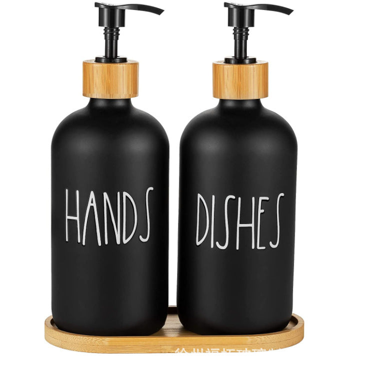 Glass Soap Dispenser set of Two. Black on Bamboo tray