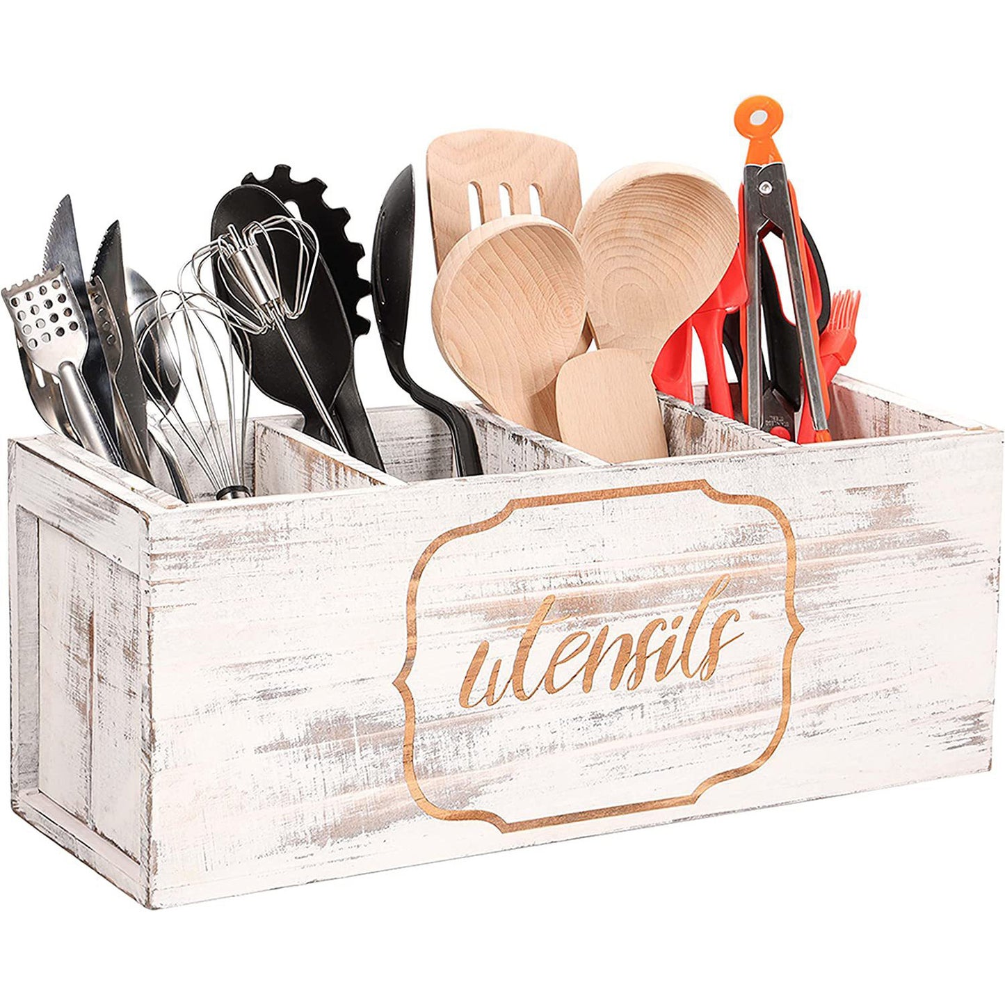 Multi-Compartment Wooden Cutlery Utensil Organizer Box for Kitchen & Desk