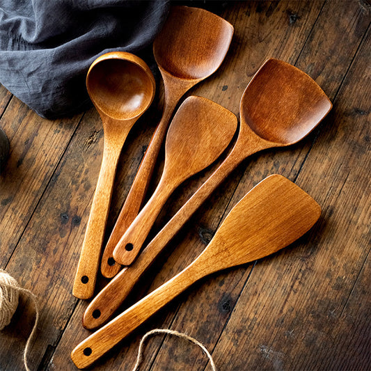 Premium Natural Wood Non-Stick Spatula Spoon Set for Cooking & Frying