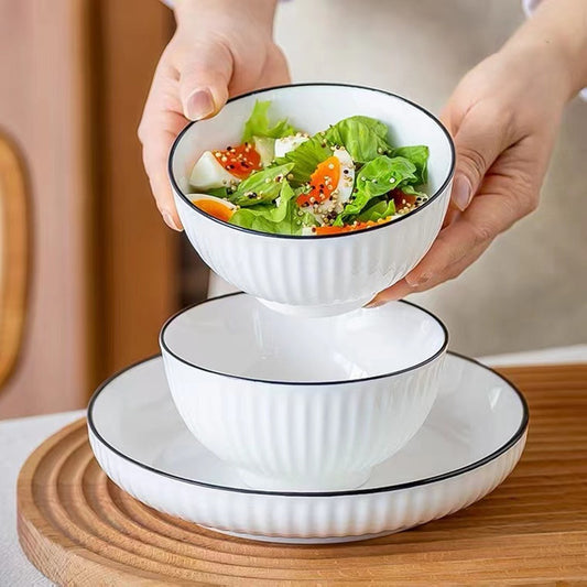 Japanese Nordic Ceramic Bowls & Plates - Elegant Vertical Stripe Design