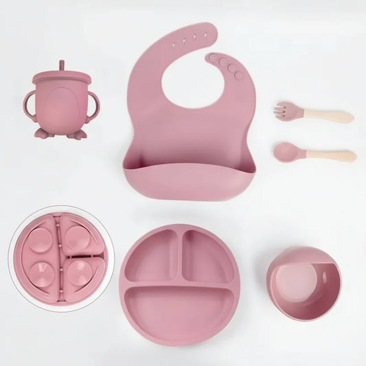 Complete Silicone Self-Feeding Baby Meal Set - Plate, Bowl, Cup, Bib & Cutlery