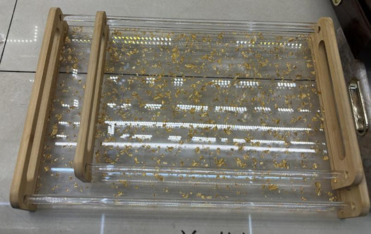 Golden Tray with wood handles