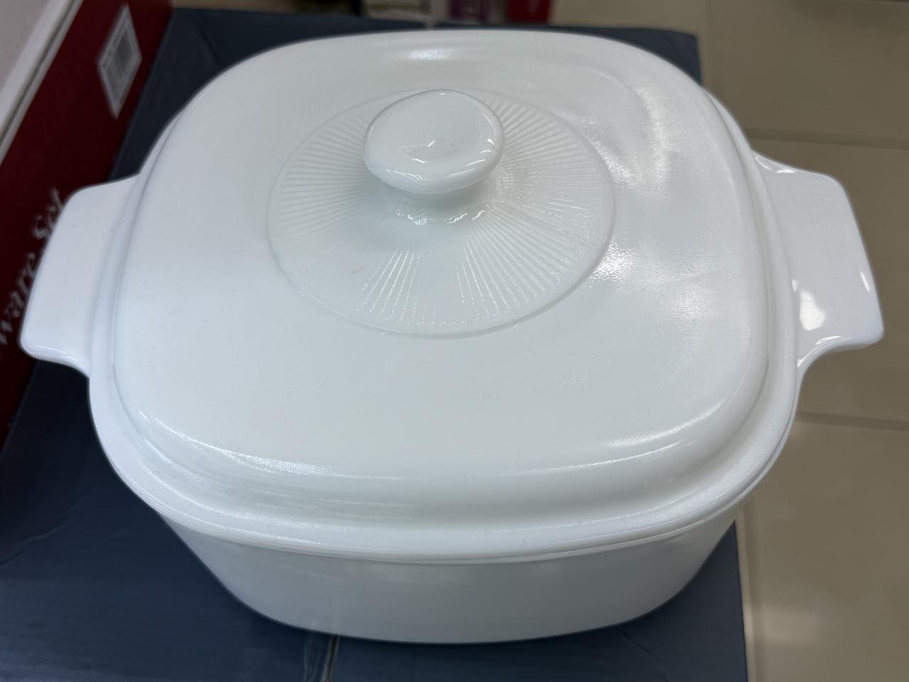 White opal glass casserole with lid