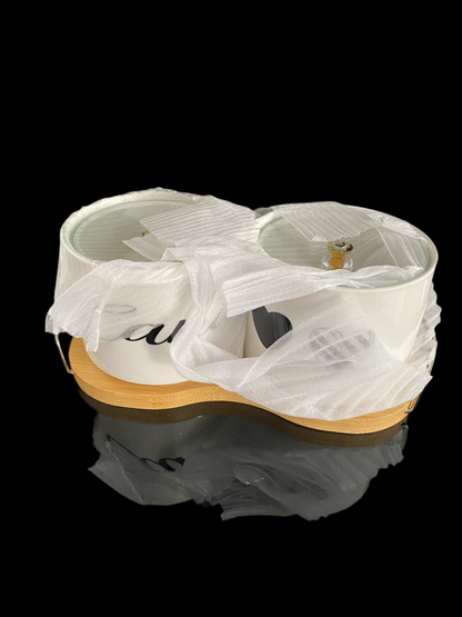 Ceramic double sugar Bowls on bamboo stand