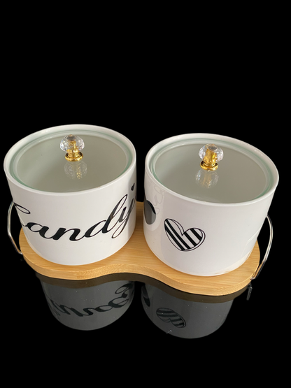 Ceramic double sugar Bowls on bamboo stand