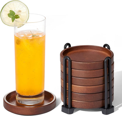 Premium Natural Wood Drink Coasters Set with Holder for Modern Home Decor
