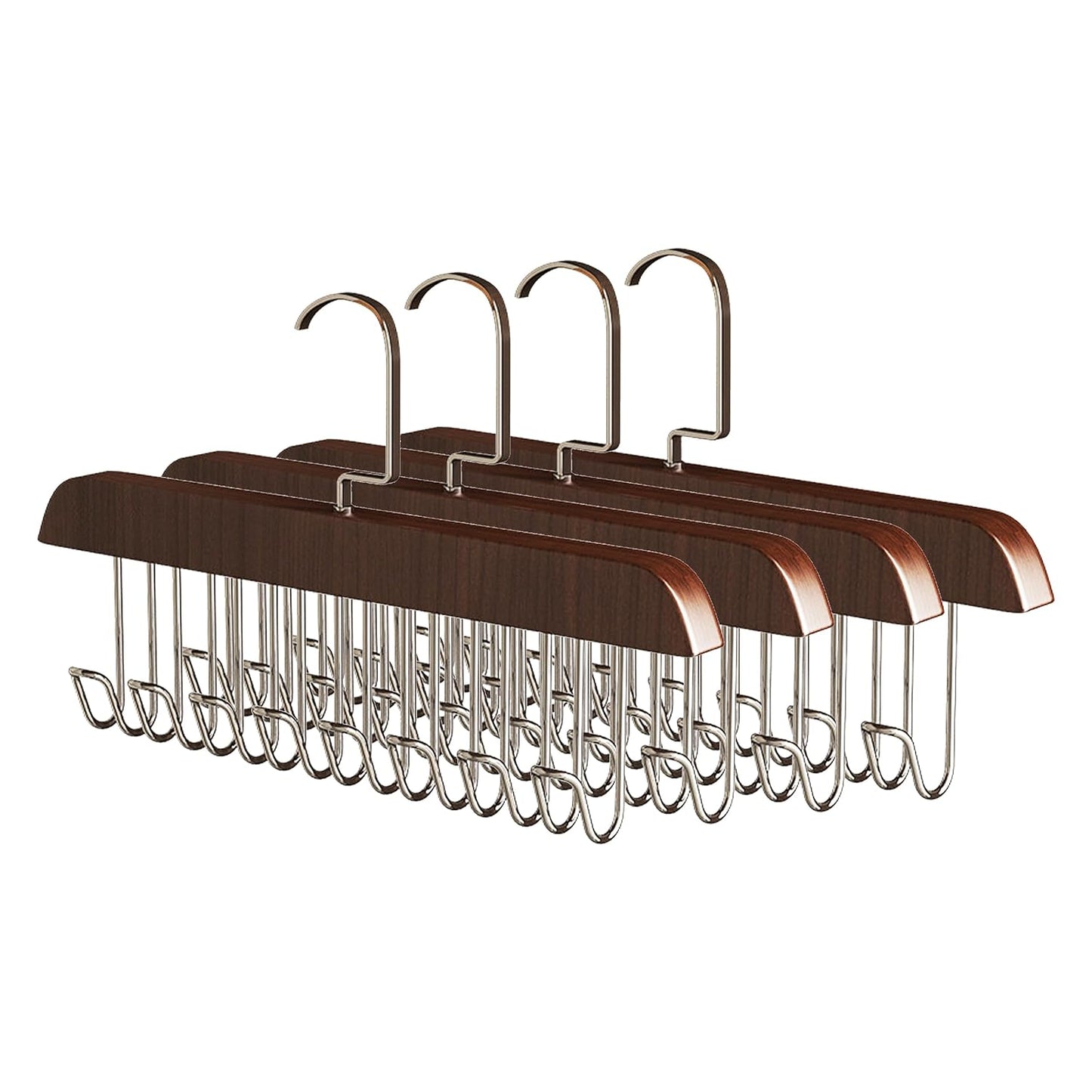 Space-Saving Wooden Hangers 4-Pack with 8 Hooks for Belts, Ties, Bras & Scarves