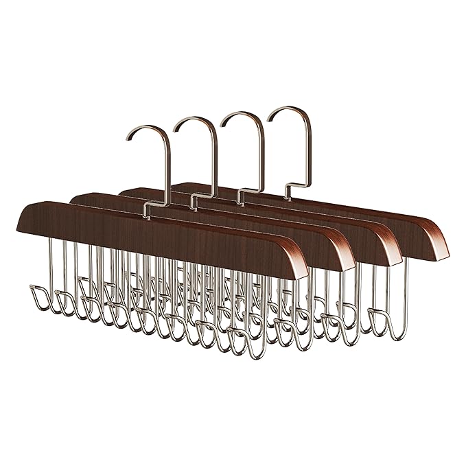 Space-Saving Wooden Hangers 4-Pack with 8 Hooks for Belts, Ties, Bras & Scarves