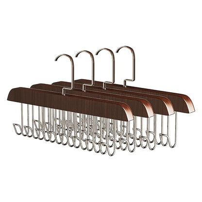 Space-Saving Wooden Hangers 4-Pack with 8 Hooks for Belts, Ties, Bras & Scarves