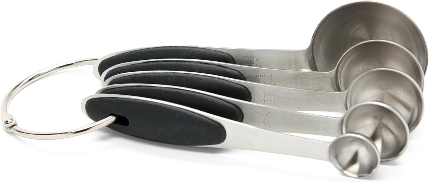 Premium 18/8 Stainless Steel Measuring Spoons Set, 5-Piece Engraved, Soft-Touch Black Handles