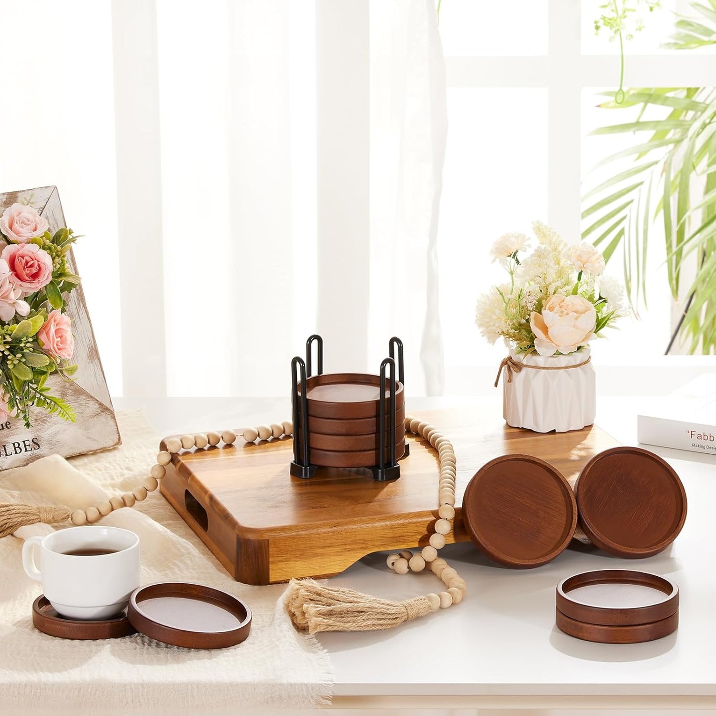 Premium Natural Wood Drink Coasters Set with Holder for Modern Home Decor
