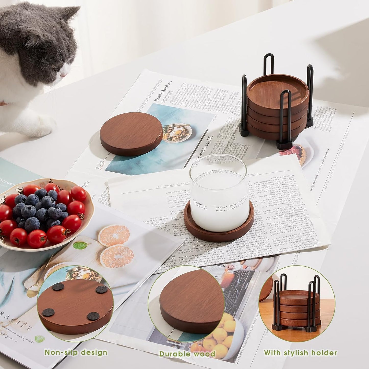 Premium Natural Wood Drink Coasters Set with Holder for Modern Home Decor