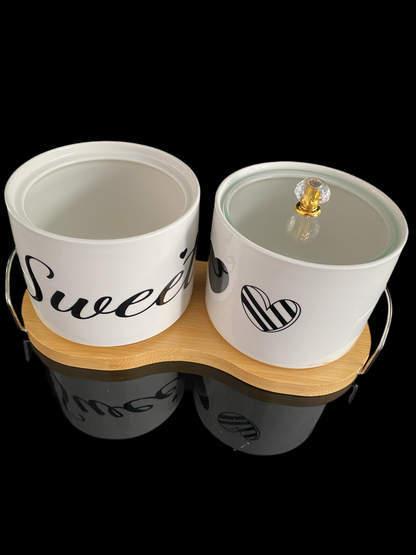 Ceramic double sugar Bowls on bamboo stand