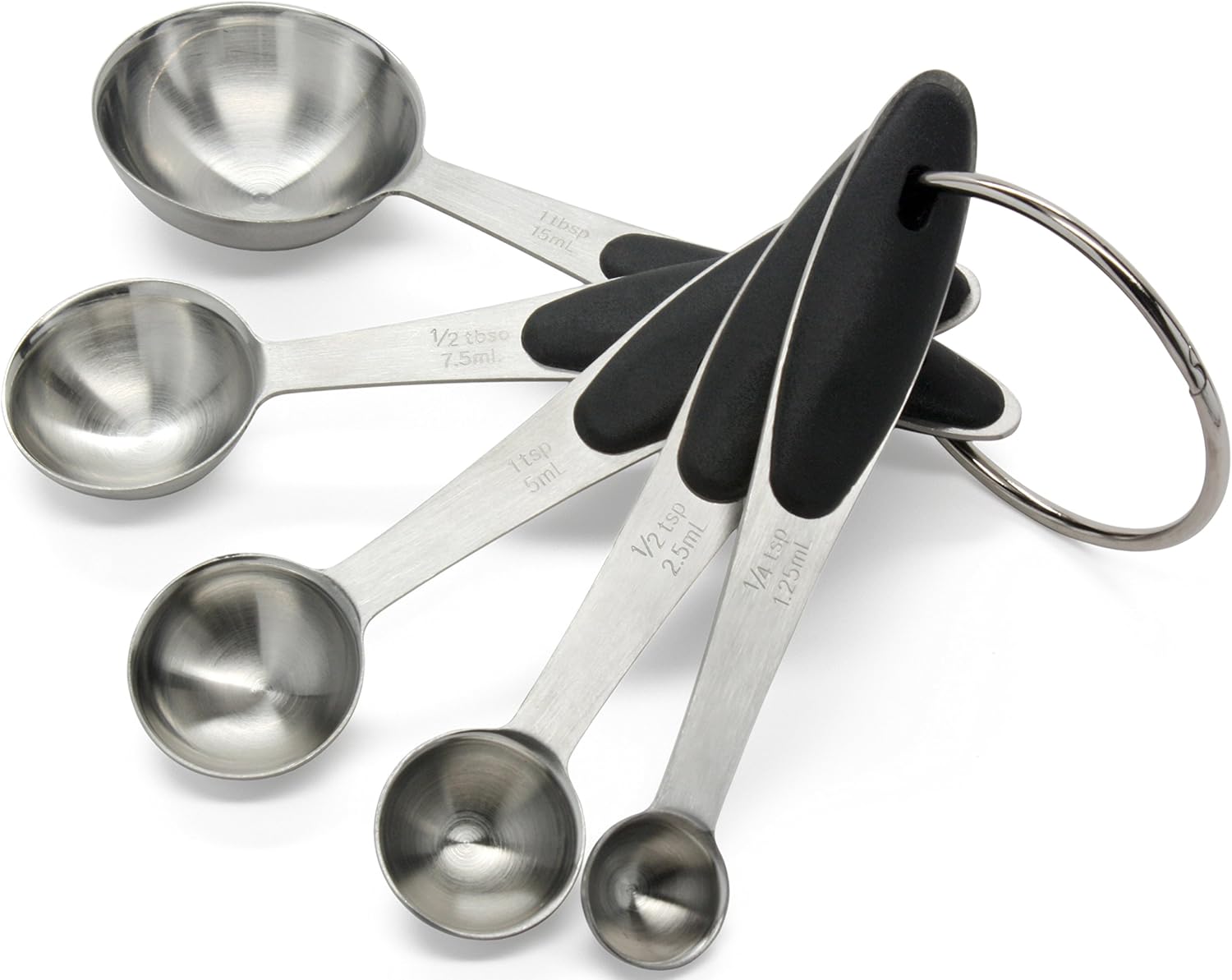 Premium 18/8 Stainless Steel Measuring Spoons Set, 5-Piece Engraved, Soft-Touch Black Handles