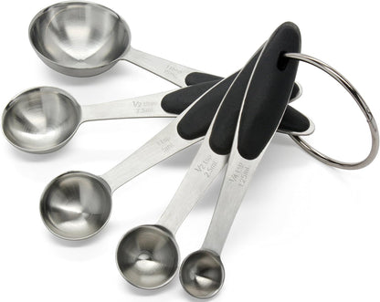 Premium 18/8 Stainless Steel Measuring Spoons Set, 5-Piece Engraved, Soft-Touch Black Handles