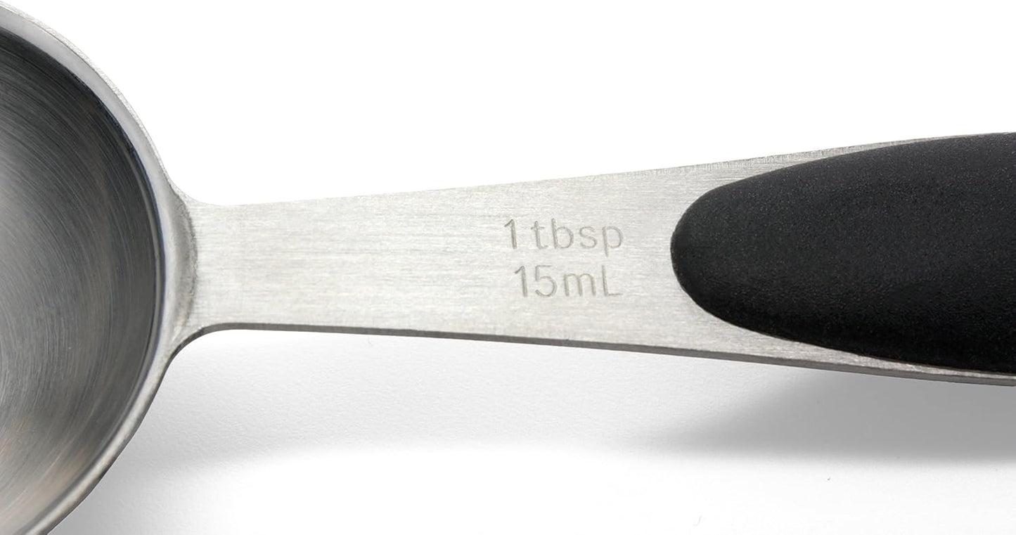 Premium 18/8 Stainless Steel Measuring Spoons Set, 5-Piece Engraved, Soft-Touch Black Handles