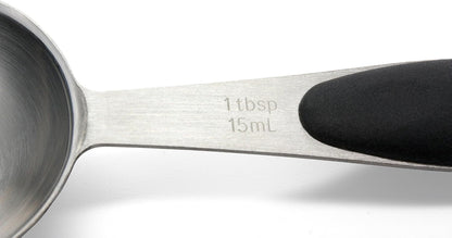 Premium 18/8 Stainless Steel Measuring Spoons Set, 5-Piece Engraved, Soft-Touch Black Handles