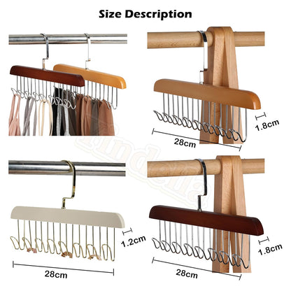 Space-Saving Wooden Hangers 4-Pack with 8 Hooks for Belts, Ties, Bras & Scarves