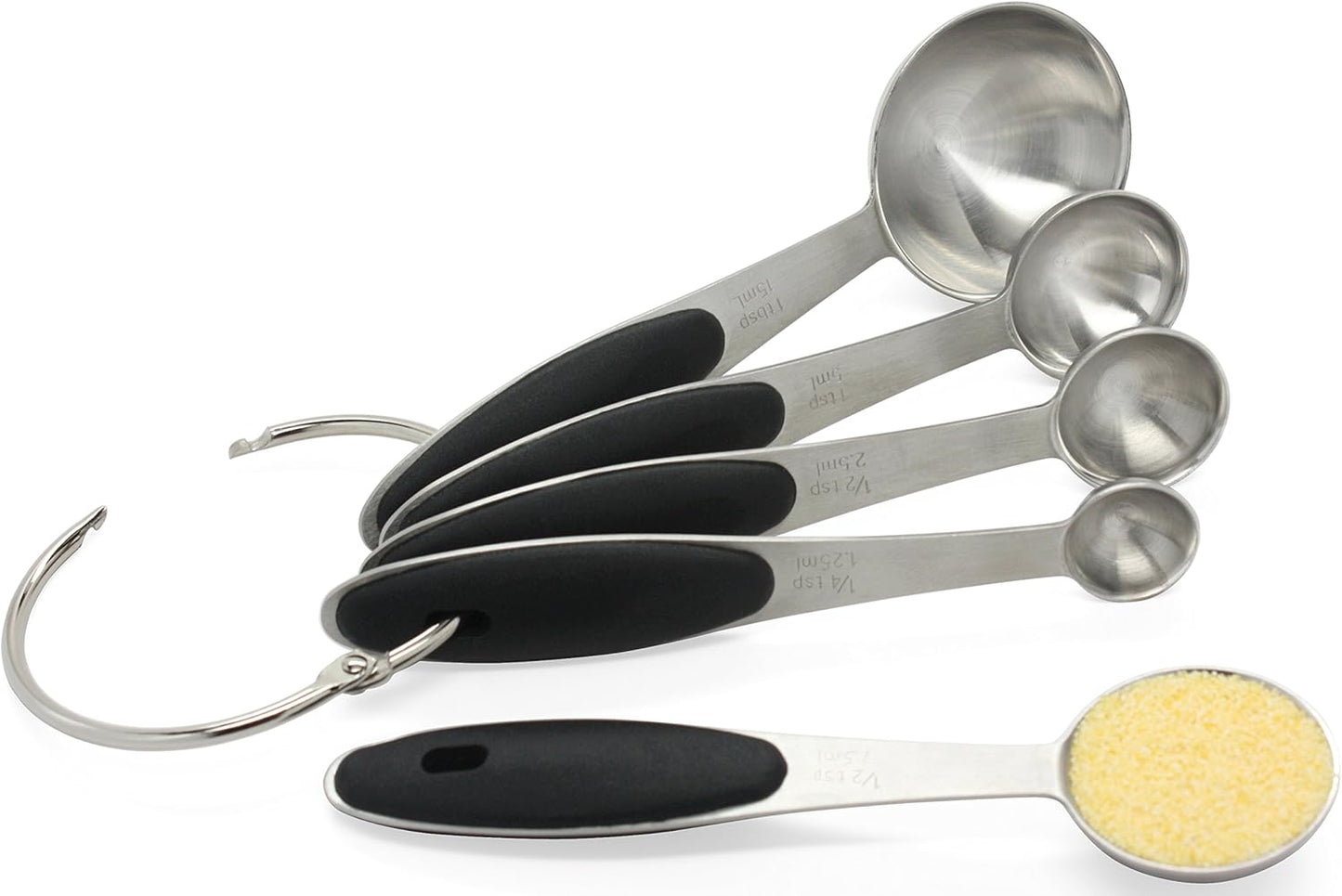 Premium 18/8 Stainless Steel Measuring Spoons Set, 5-Piece Engraved, Soft-Touch Black Handles