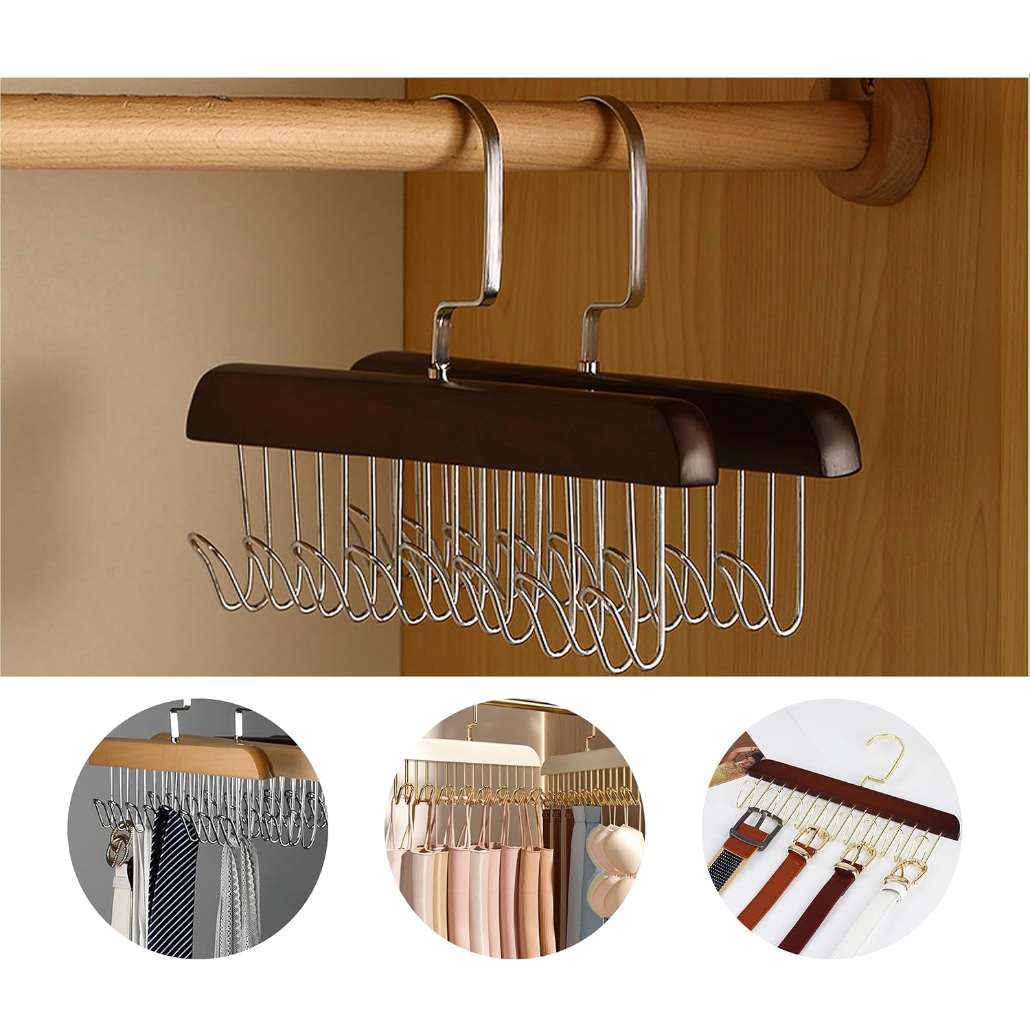 Space-Saving Wooden Hangers 4-Pack with 8 Hooks for Belts, Ties, Bras & Scarves