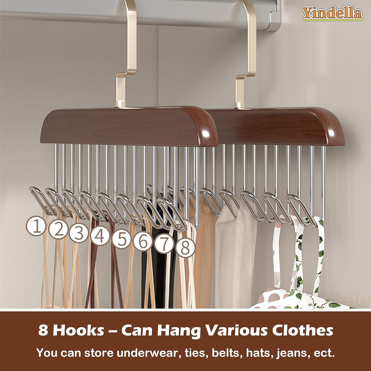 Space-Saving Wooden Hangers 4-Pack with 8 Hooks for Belts, Ties, Bras & Scarves