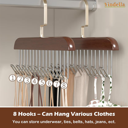 Space-Saving Wooden Hangers 4-Pack with 8 Hooks for Belts, Ties, Bras & Scarves