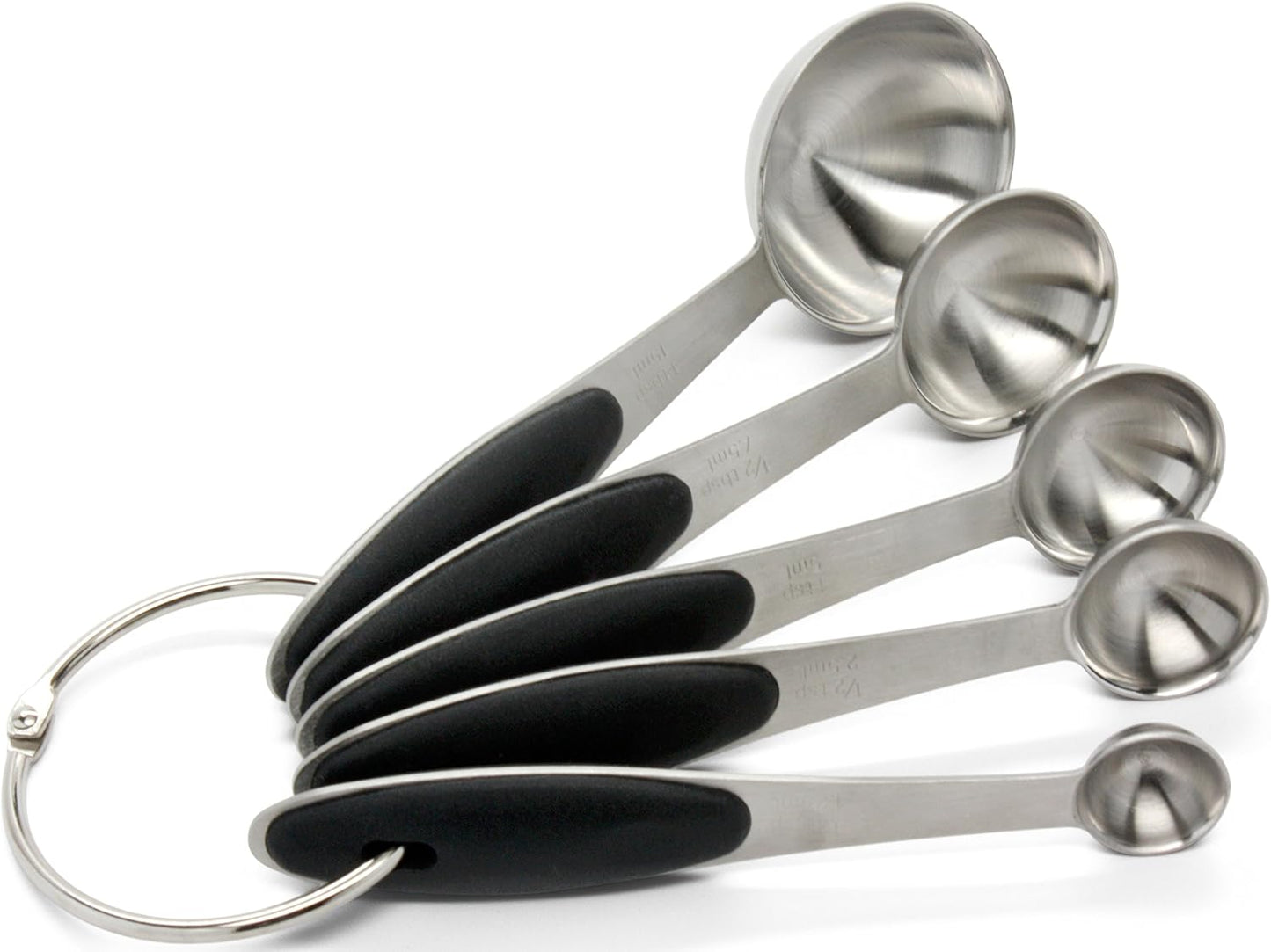 Premium 18/8 Stainless Steel Measuring Spoons Set, 5-Piece Engraved, Soft-Touch Black Handles