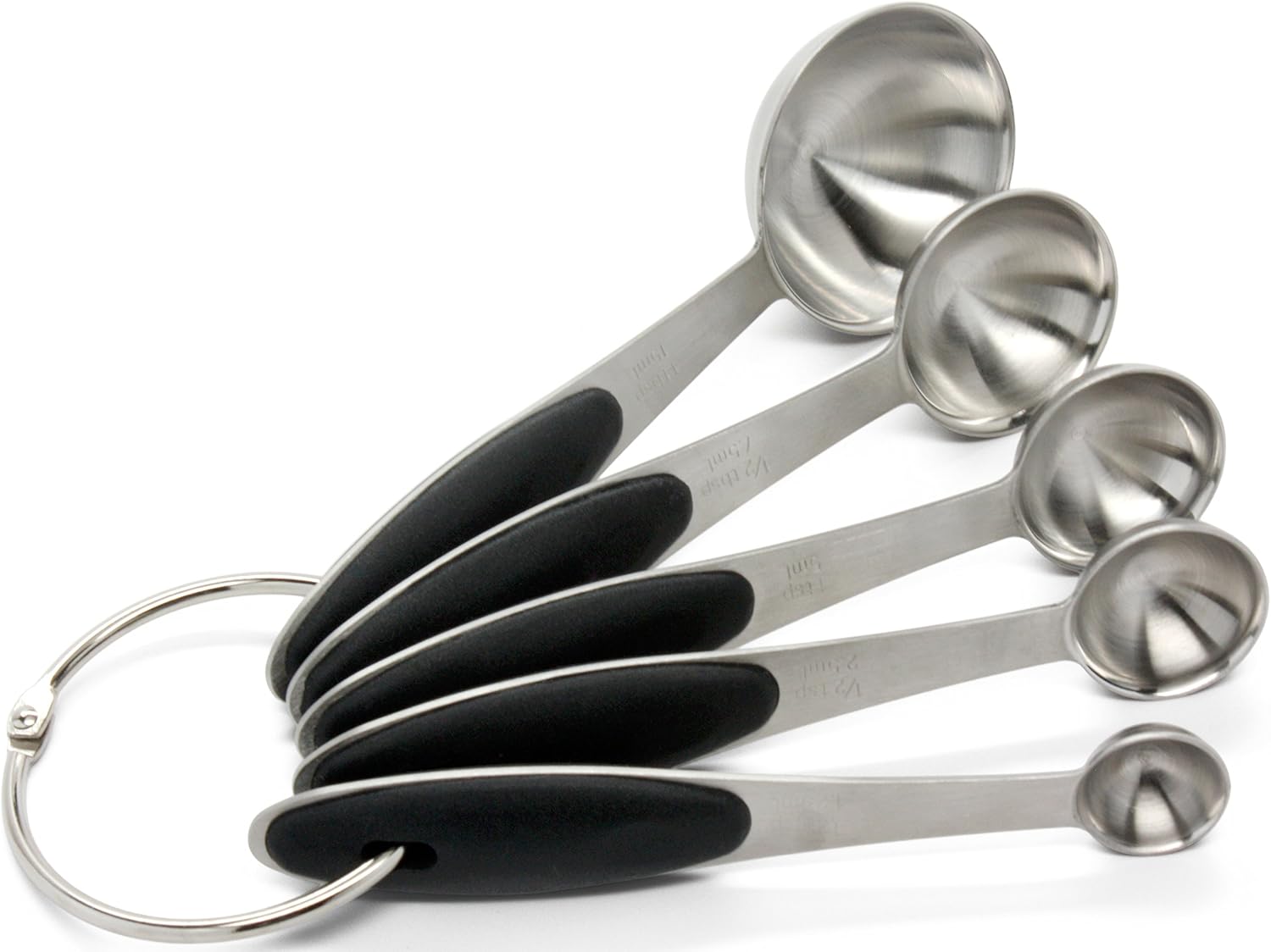 Premium 18/8 Stainless Steel Measuring Spoons Set, 5-Piece Engraved, Soft-Touch Black Handles