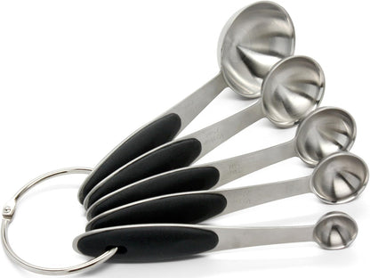 Premium 18/8 Stainless Steel Measuring Spoons Set, 5-Piece Engraved, Soft-Touch Black Handles