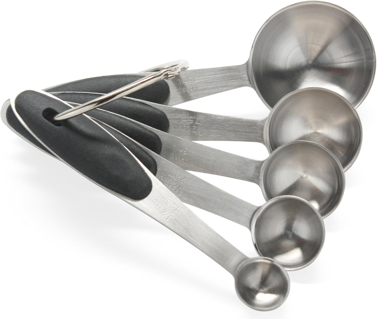 Premium 18/8 Stainless Steel Measuring Spoons Set, 5-Piece Engraved, Soft-Touch Black Handles