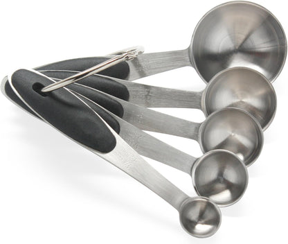 Premium 18/8 Stainless Steel Measuring Spoons Set, 5-Piece Engraved, Soft-Touch Black Handles