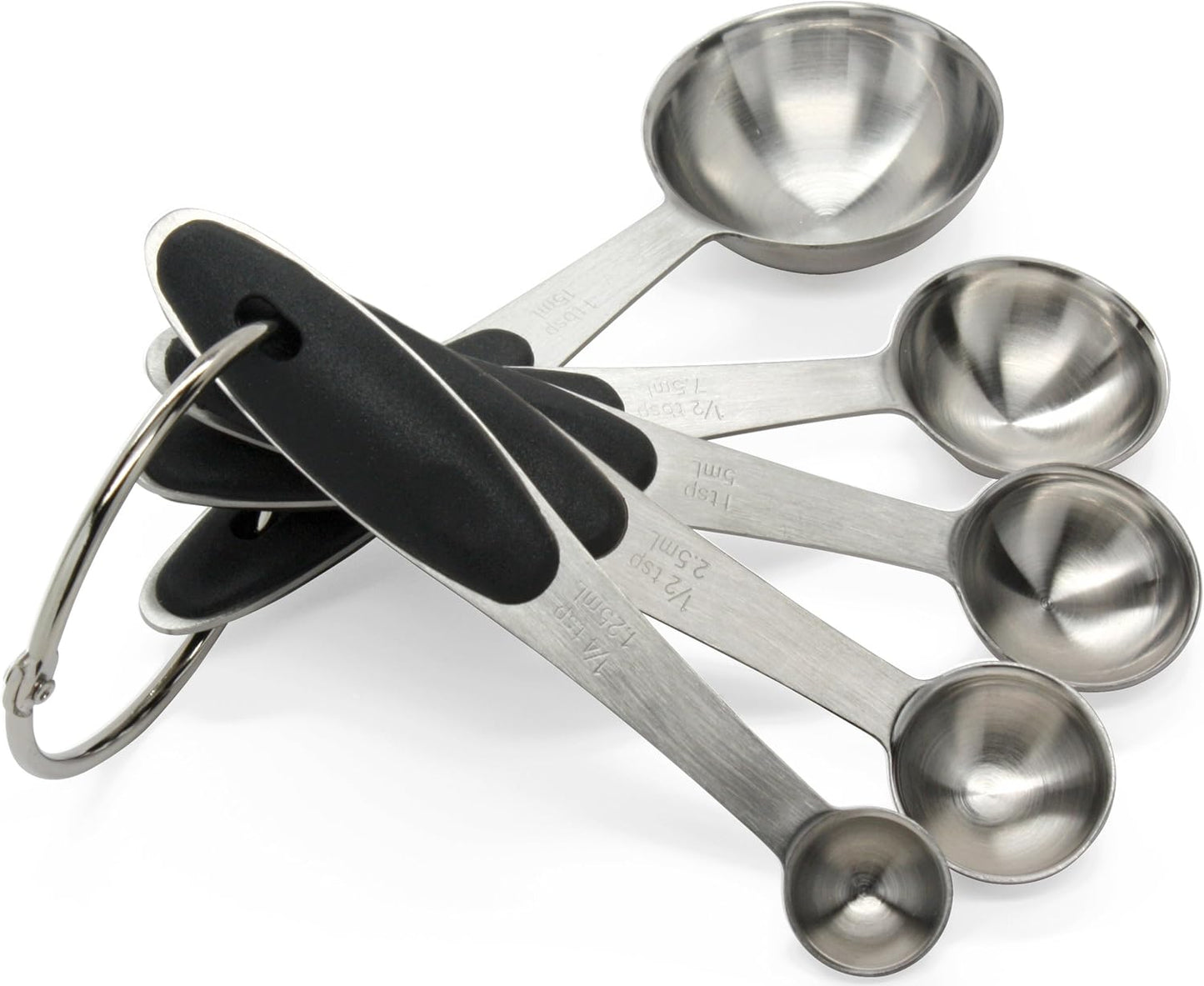 Premium 18/8 Stainless Steel Measuring Spoons Set, 5-Piece Engraved, Soft-Touch Black Handles