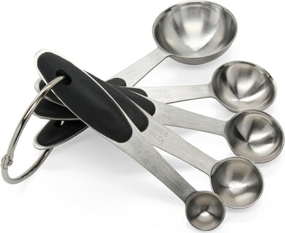 Premium 18/8 Stainless Steel Measuring Spoons Set, 5-Piece Engraved, Soft-Touch Black Handles