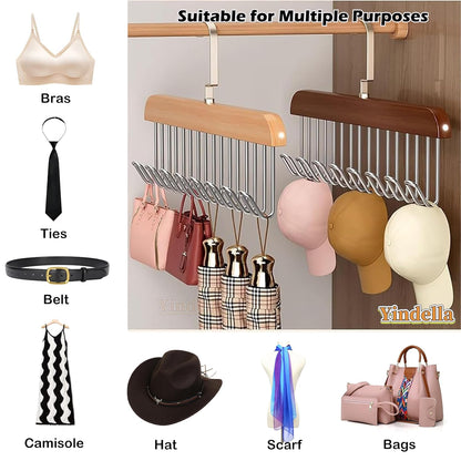 Space-Saving Wooden Hangers 4-Pack with 8 Hooks for Belts, Ties, Bras & Scarves