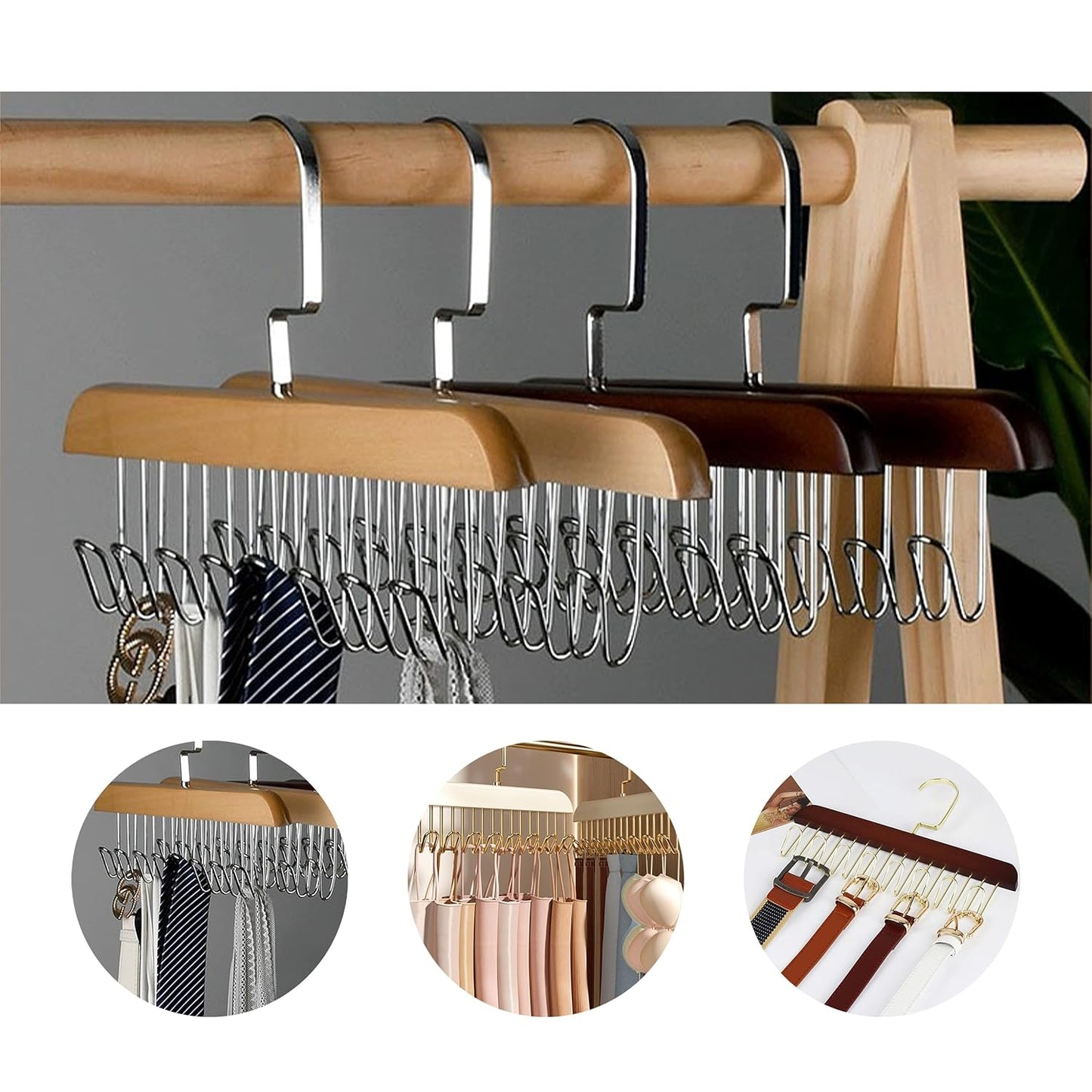 Space-Saving Wooden Hangers 4-Pack with 8 Hooks for Belts, Ties, Bras & Scarves