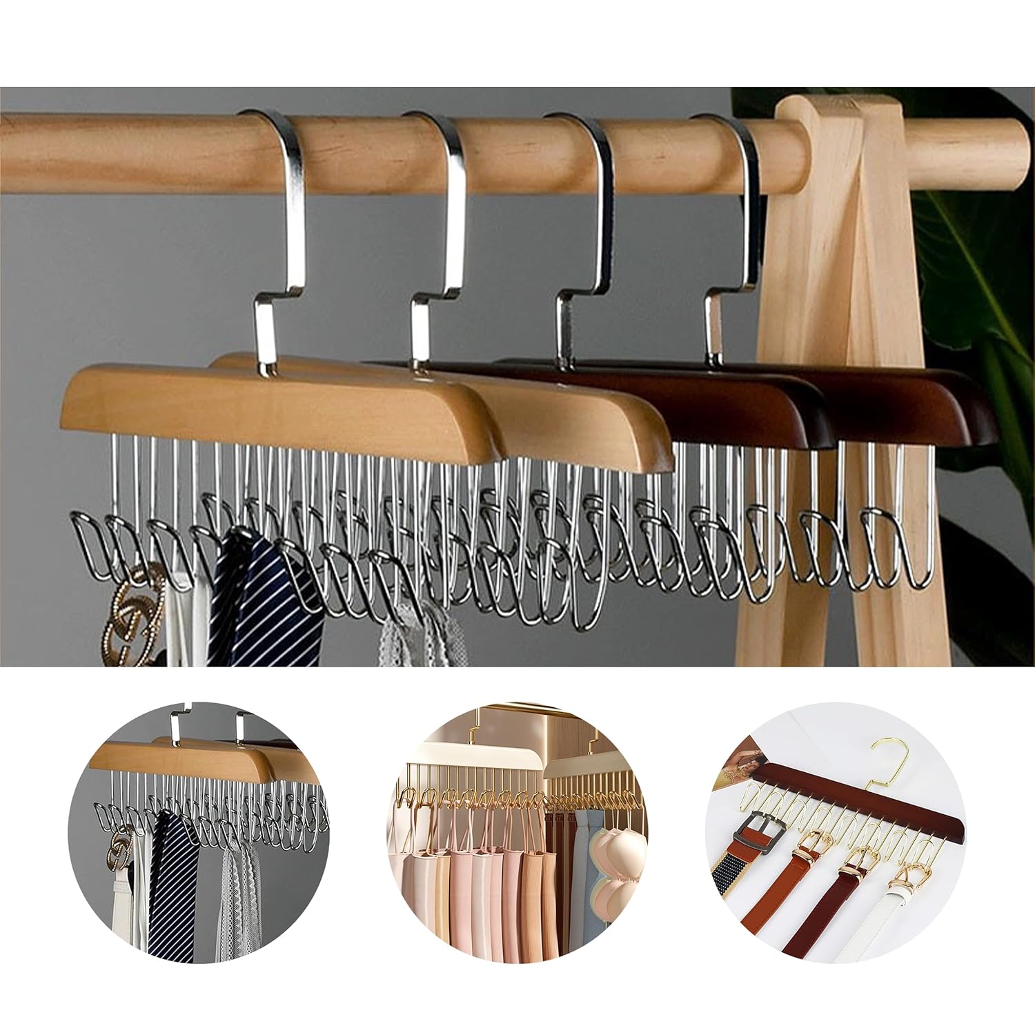 Space-Saving Wooden Hangers 4-Pack with 8 Hooks for Belts, Ties, Bras & Scarves