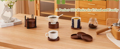 Premium Natural Wood Drink Coasters Set with Holder for Modern Home Decor