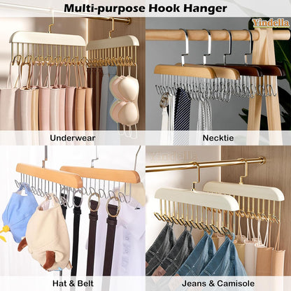 Space-Saving Wooden Hangers 4-Pack with 8 Hooks for Belts, Ties, Bras & Scarves