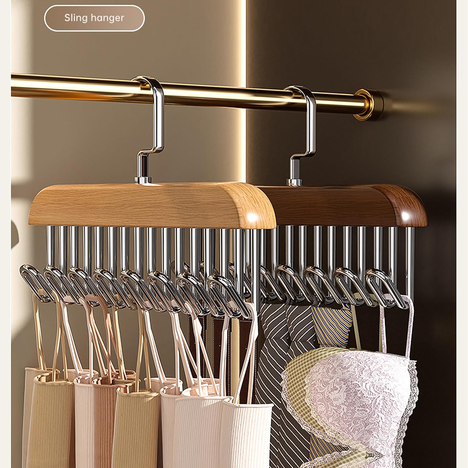 Space-Saving Wooden Hangers 4-Pack with 8 Hooks for Belts, Ties, Bras & Scarves
