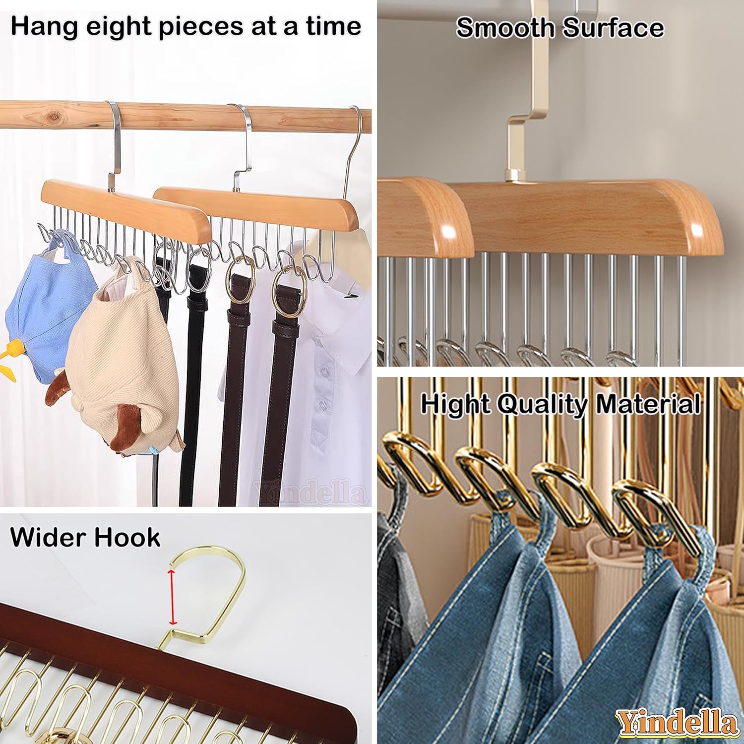 Space-Saving Wooden Hangers 4-Pack with 8 Hooks for Belts, Ties, Bras & Scarves