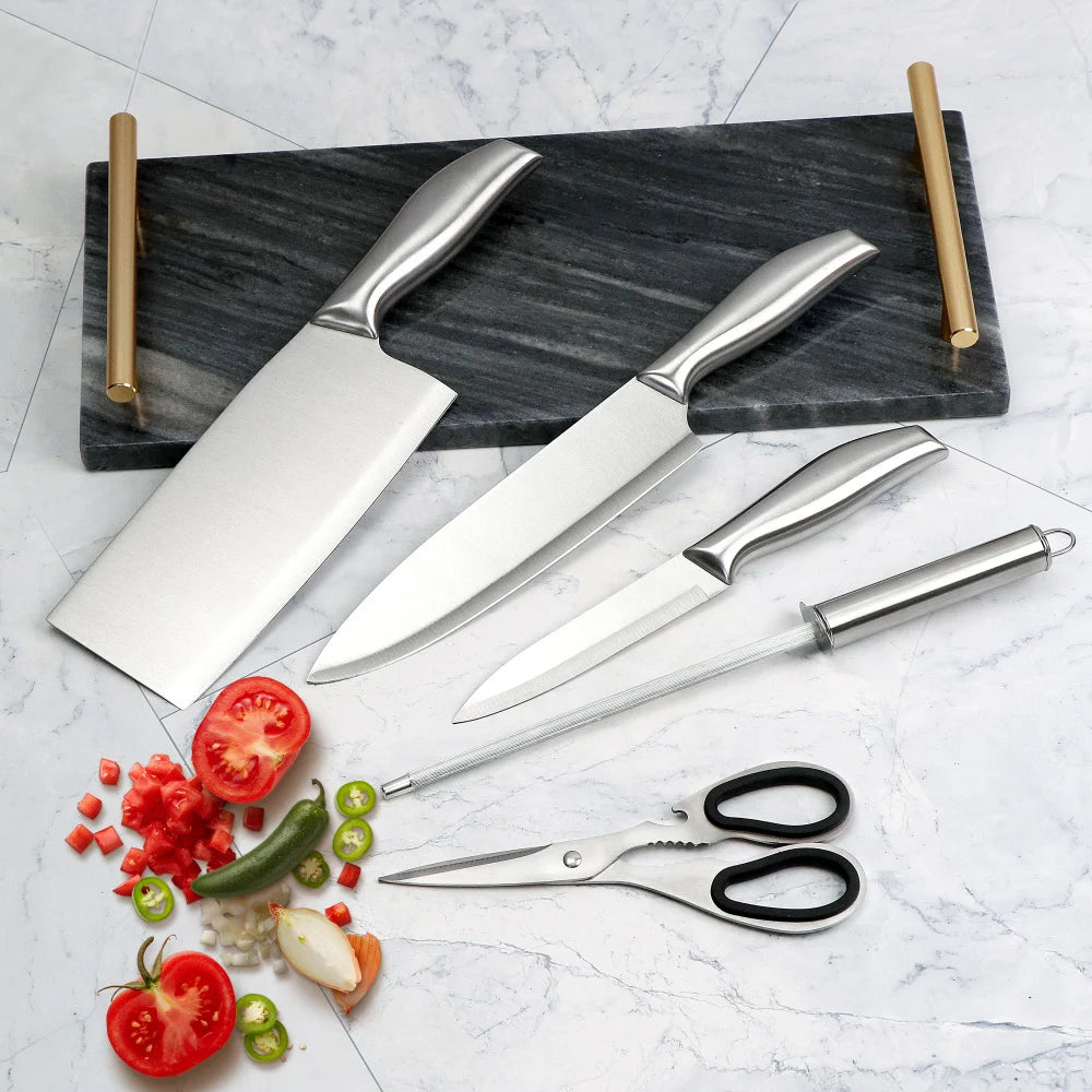 Premium 6-Piece Stainless Steel Kitchen Knife Set with Elegant Wooden Block