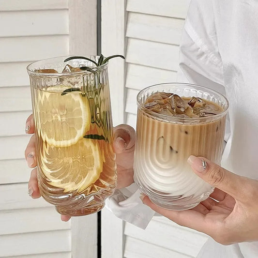 Elegant Striped Glass Highball Cocktail Latte Mug - Handmade Juice Milk Cup
