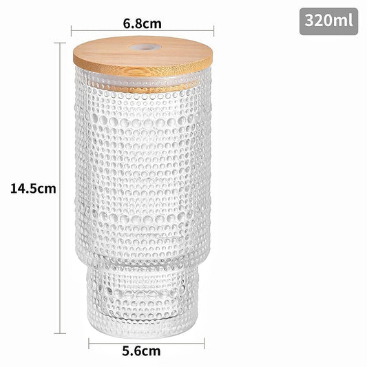 Stylish 11oz Embossed Beaded Glass Cup, Bamboo Lid & Straw, Perfect Latte