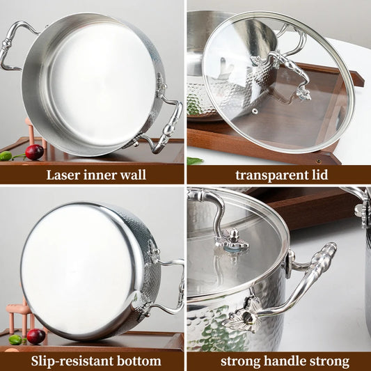 Elite Kitchens Luxury 8pc Gold-Trimmed Stainless Steel Cookware Set with Tri-Ply Hammered Design