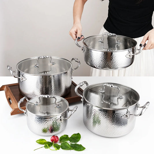 Elite Kitchens Luxury 8pc Gold-Trimmed Stainless Steel Cookware Set with Tri-Ply Hammered Design
