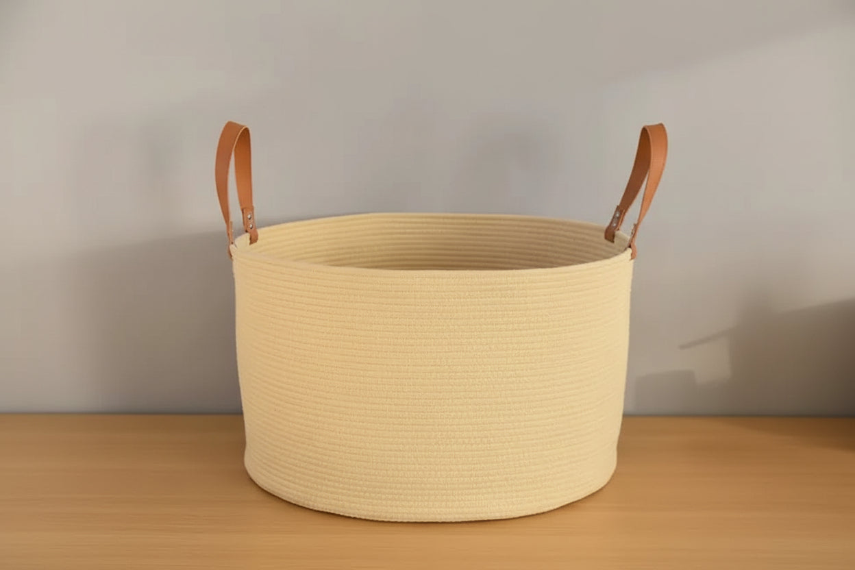 Beige woven basket with leather handles on a wooden surface and gray background