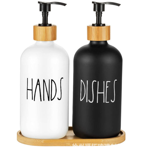 Glass Soap Dispenser set of Two. Black and White on Bamboo Tray
