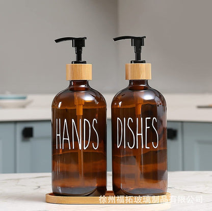 Glass Soap Dispenser set of Two. Brown on Bamboo Tray